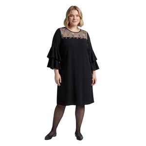 Brochure Black Floral Embroidered Mesh Yoke Ruffle Bell Sleeve Dress 1X